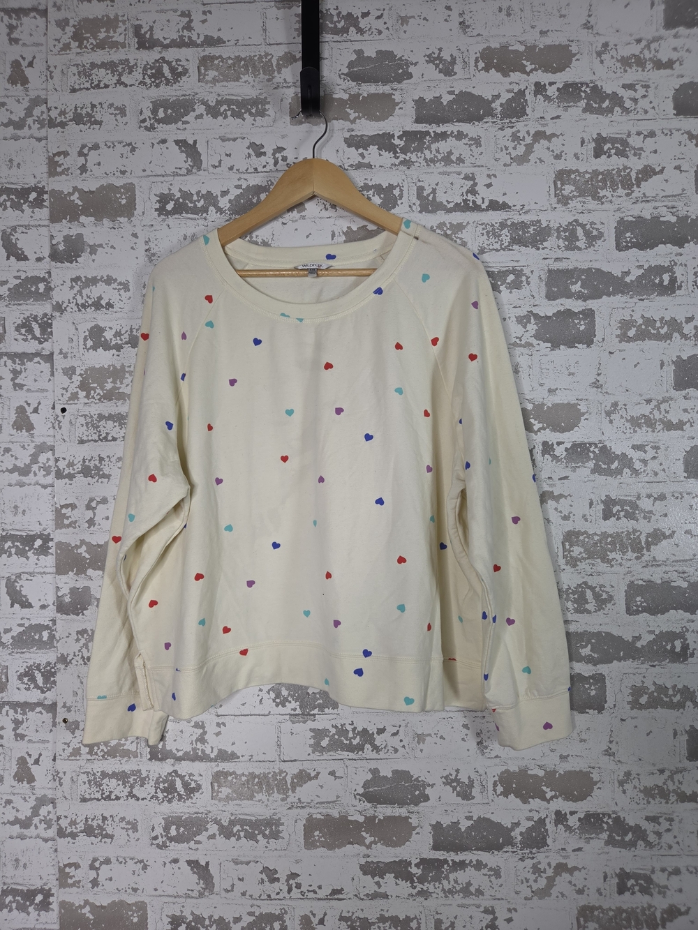 Wildfox Oatmeal Hearts Print Pullover Sweatshirt Cream Colorful Cozy Women's XXL